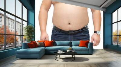 Fat man with a big belly on a white background. Diet Wall mural