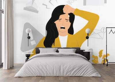 Flat vector overloaded working overwhelmed and needs battery recharge tired woman Wall mural