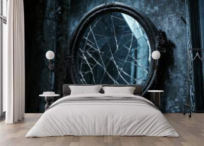 A cracked, antique mirror reflects a dimly lit, darkened space, evoking a haunting and mysterious atmosphere. Wall mural