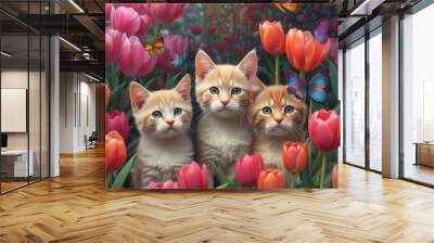 3, three Kittens in field of flowers and butterflies  Wall mural