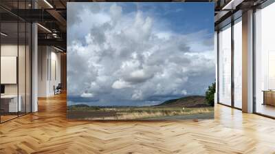 Gorgeous scenic view of Willamette Valley, mid Oregon. Stunning white clouds filling the bright blue sky over the rural countryside.  Wall mural