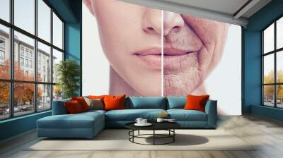 Comparison, old and young women faces in studio for skincare, wrinkles and anti aging care. Face, mouth and half closeup of different ladies with youth, fine lines or cosmetic results for skin change Wall mural