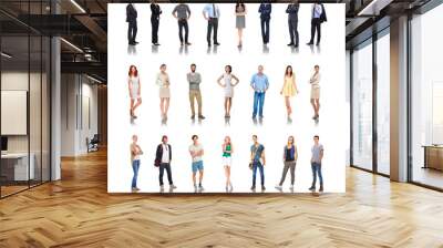 Diversity, different and professional employees standing in white background for employment or qualifications. People, happy workers and career success motivation or future vision isolated in studio Wall mural