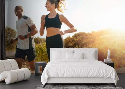 Fitness, running and health with couple in road for workout, cardio performance and summer. Marathon, exercise and teamwork with black man and woman runner in nature for sports, training and race Wall mural