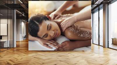 Happy woman, hands and salt scrub in back massage at spa in relax for skincare, exfoliation or body treatment. Calm female smiling in relaxation for therapy, health or zen with masseuse at salon Wall mural