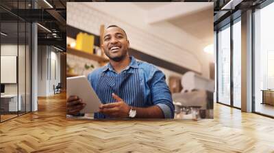 Waiter, tablet and manager with man in cafe for online, entrepreneurship or startup. African, technology and food industry with small business owner in restaurant for barista, planning or coffee shop Wall mural