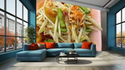 Papaya salad yummy or somtum is a spicy Thai food. Top view Wall mural