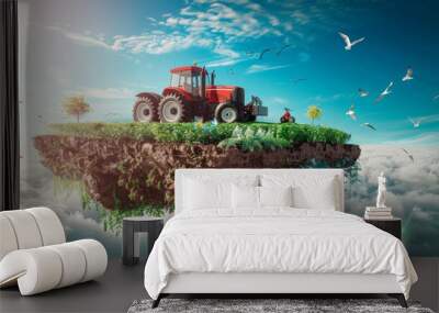 3d illustration of smart farming concept, tractor on a floating piece of land with farm meadow and crops. farm rural on a flying island, digital farming concept 3d design with clouds and birds Wall mural