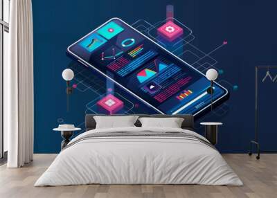 Application of Smartphone with business graph and analytics data on isometric mobile phone. Analysis trends and software development coding process concept. Programming, testing cross platform code Wall mural