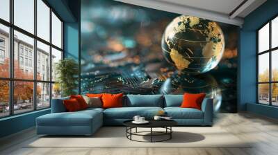 Globe, coins, US currency, glowing light symbolize global finance. Perfect for financial concepts, investment strategies, international trade presentations. Wall mural