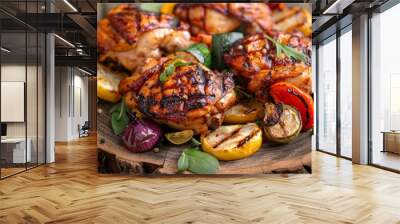 Grilled chicken thigh with various vegetables on chopping wood Wall mural