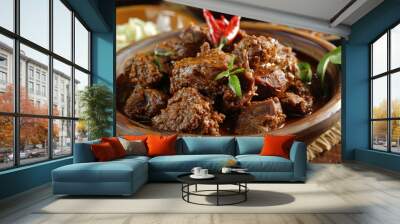 Rendang Pork. Rendang is an Indonesian West Sumatra Minangkabau spicy meat. that slow cooked in coconut milk and mixed spices Wall mural