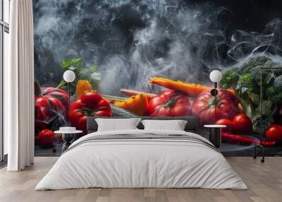 Various vegetables and peppers in smoke on dark background. Wall mural