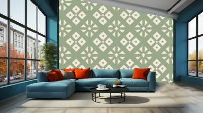 Ethnic seamless grid pattern of geometric flowers in sage color. Repeat pale green rhombus mosaic in scandinavian style. Wall mural