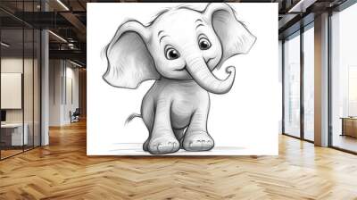 Cute funny elephant. Cartoon character isolated on white background. Illustration in pencil sketch style Wall mural