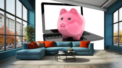 Accumulation of information Concept. Moder Laptop with Piggy Ban Wall mural