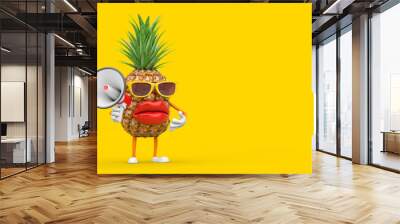 Fun Cartoon Fashion Hipster Cut Pineapple Person Character Mascot with Red Retro Megaphone. 3d Rendering Wall mural