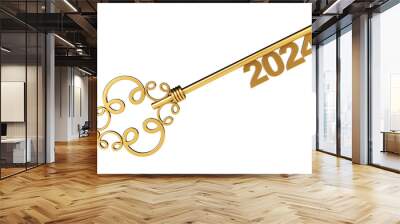 Golden Vintage Key with 2024 year Sign. 3d Rendering Wall mural