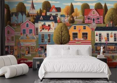 Main Street in Cartoon Fairy Quaint Town with Road and Buildings extreme closeup. Generative AI Wall mural