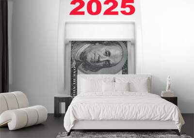 Make Money in 2025 New Year Concept. Money Maker 2025 New Year Machine with Dollars Banknote. 3d Rendering Wall mural