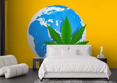 Medical Marijuana or Cannabis Hemp Leaf in Front of Earth Globe. 3d Rendering Wall mural