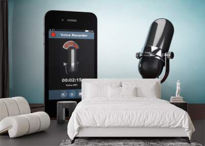 old style photo. mobile phone as voice recorder with microphone Wall mural