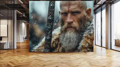 Portrait of a Fierce Old Viking with a Sword extreme closeup. Generative AI. Wall mural