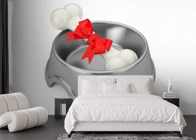 Present Dog Chew Bone Wrapped in Red Gift Ribbon in Stainless Steel Bowl for Dog. 3d Rendering Wall mural