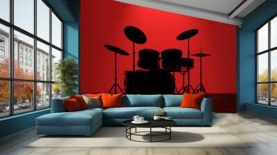 Professional Rock Drum Kit with Red Backlight in front of Wall. 3d Rendering Wall mural