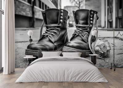 black and white motorcycle leather riding boots, on a street   Wall mural