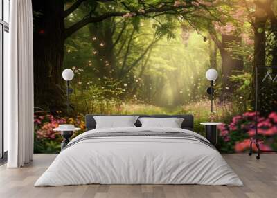 A magical forest pathway lined with whimsical flowers and radiant light beams, creating a fairytale scene. Wall mural