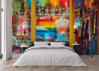 Bright and colorful Pride-themed display in a fashion store window Wall mural