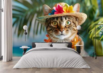 Cheerful Cat in Hawaiian Luau Outfit Against Tropical Backdrop Wall mural