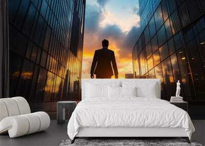 Entrepreneur Silhouette Walking Toward Sunset from Corporate Office Building Wall mural