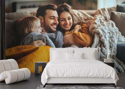 Family Huddled Together on Couch Watching Thanksgiving Parade Wall mural