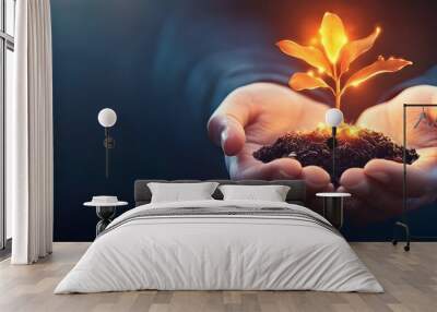 Hands Nurture Glowing Plant Symbolizing Innovative Business Growth and Success Wall mural