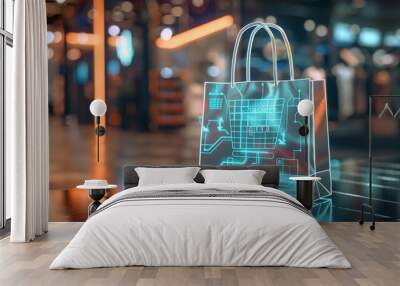 Holographic shopping bag with credit card icons symbolizing futuristic online commerce Wall mural