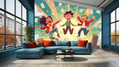 Illustration of three cartoon children jumping with joy amidst a flurry of cash bills, against a backdrop of a sunny city skyline. Wall mural