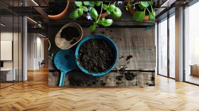 Potting Bench with Gardening Tools and Soil Ready for Spring Flower Planting Wall mural