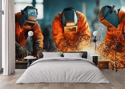 Skilled Workers Performing Intense Industrial Welding with Protective Gear Wall mural