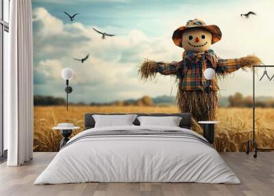 Whimsical Scarecrow Standing Proudly in Autumn Wheat Field with Soaring Birds Wall mural