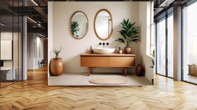 A modern wooden vanity with a large oval mirror, decorative vases, and a potted plant in a minimalist bathroom setting. on the wall are two paintings of Japanese zen art.the visuals are very high qual Wall mural