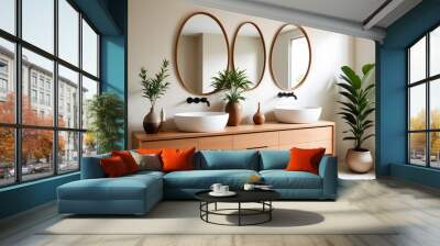 A modern wooden vanity with a large oval mirror, decorative vases, and a potted plant in a minimalist bathroom setting. on the wall are two paintings of Japanese zen art.the visuals are very high qual Wall mural