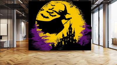  Beautiful black bats beautiful witch illustration flying around a castle against a Halloween themed yellow moon. Wall mural