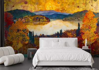 Abstract painting image of beautiful autumn leaves landscape. Wall mural