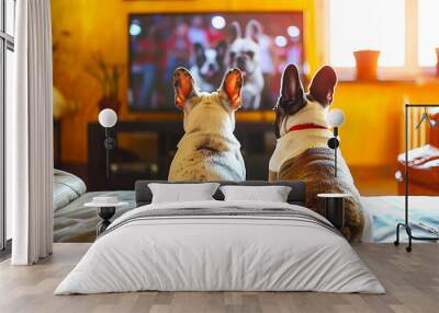 Back view of dogs watching TV in living room. Wall mural