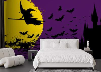 Beautiful black bats beautiful witch illustration flying around a castle against a Halloween themed yellow moon. Wall mural