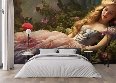 Beautiful princess sleeping in a garden of flowers Wall mural