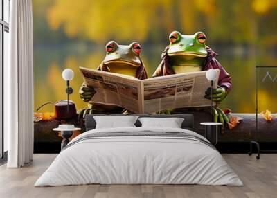 Cute frogs reading newspaper by a lake in autumn leaves Wall mural