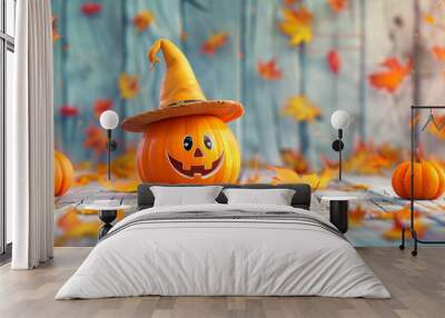 Cute pumpkin ghost with wooden room backgr Wall mural